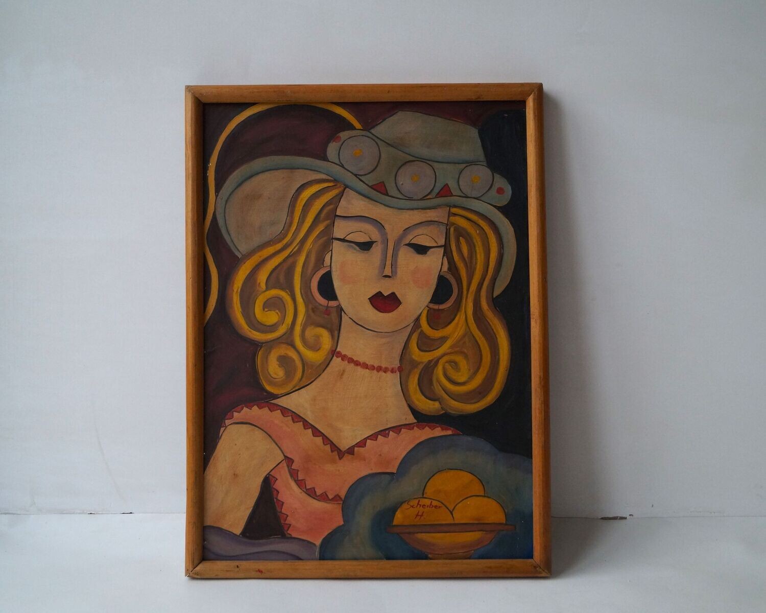Painting of woman in a hat by Hugó Scheiber, 1930s