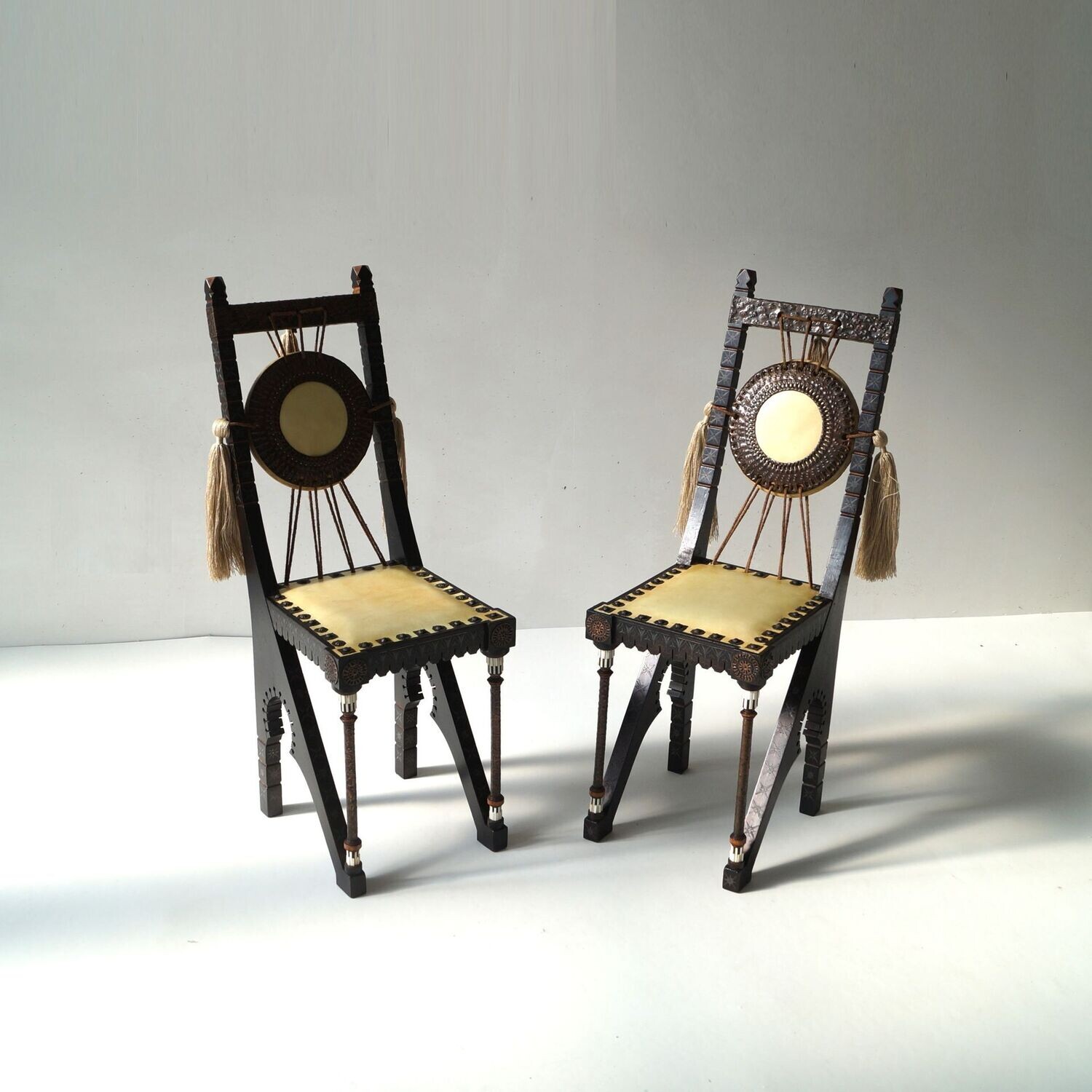 Set of two early 1900s Carlo Bugatti Side Chairs or ''Gong'' chairs