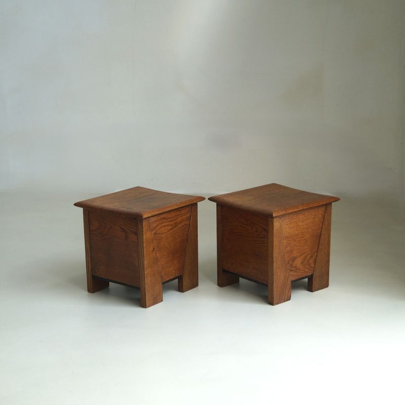 Dutch Art Deco solid oak plantstands or small bedside tables, 1920s