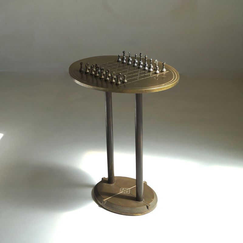 Oval brass chess table with original chess pieces, Peter Ghyczy, 1970s