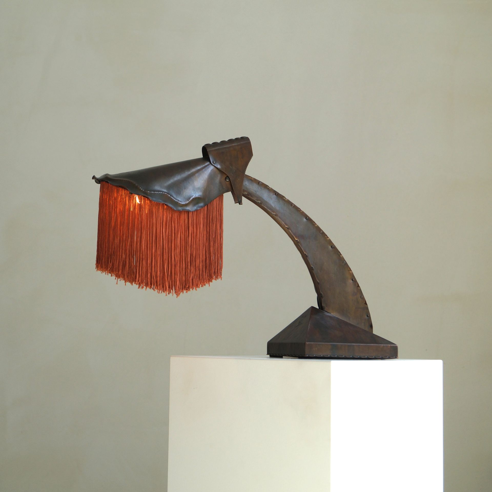 Dutch Art Deco Amsterdam School fringed copper desk lamp by Conrad Fehn, 1920s