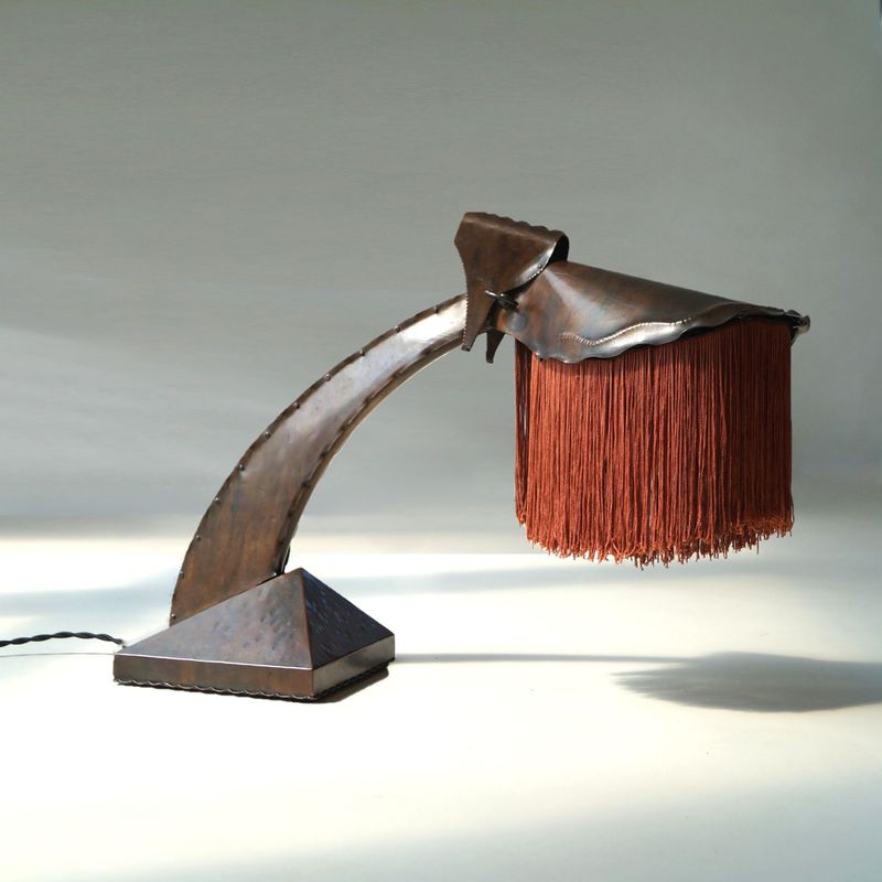 Dutch Art Deco Amsterdam School fringed copper desk lamp by Conrad Fehn, 1920s