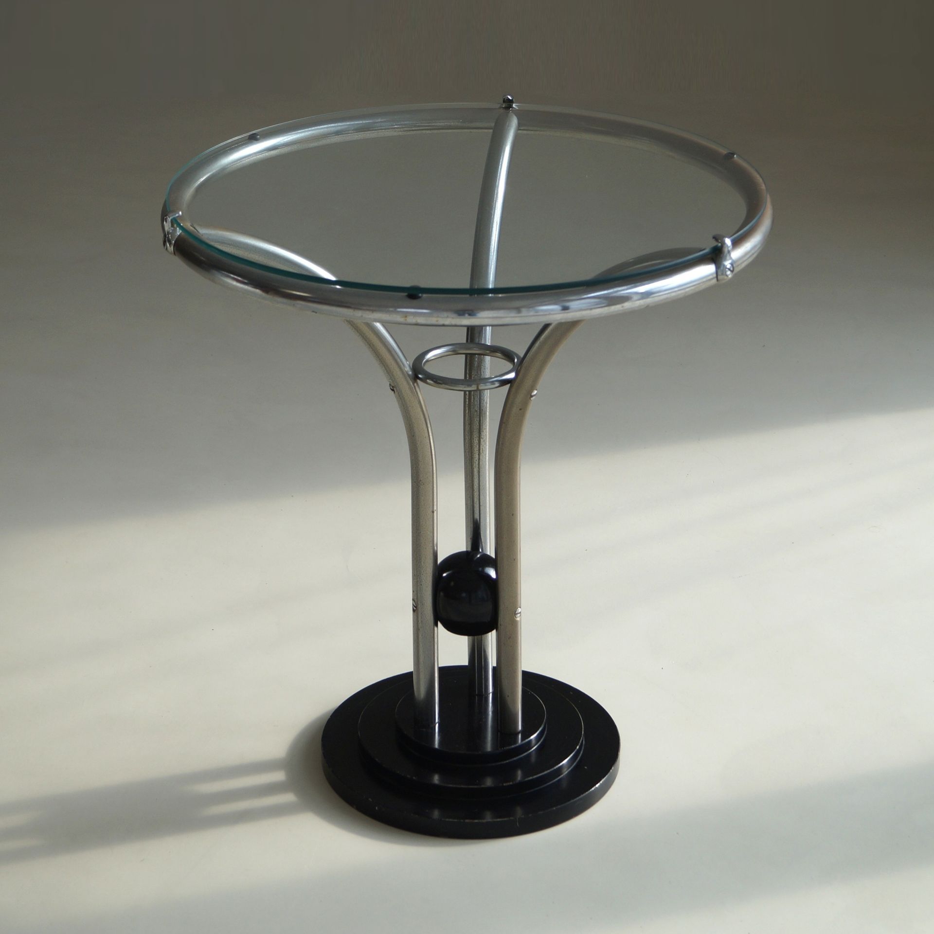 Art Deco Tubular Chrome, Black Ball and Glass Top Side Table, ca. 1935