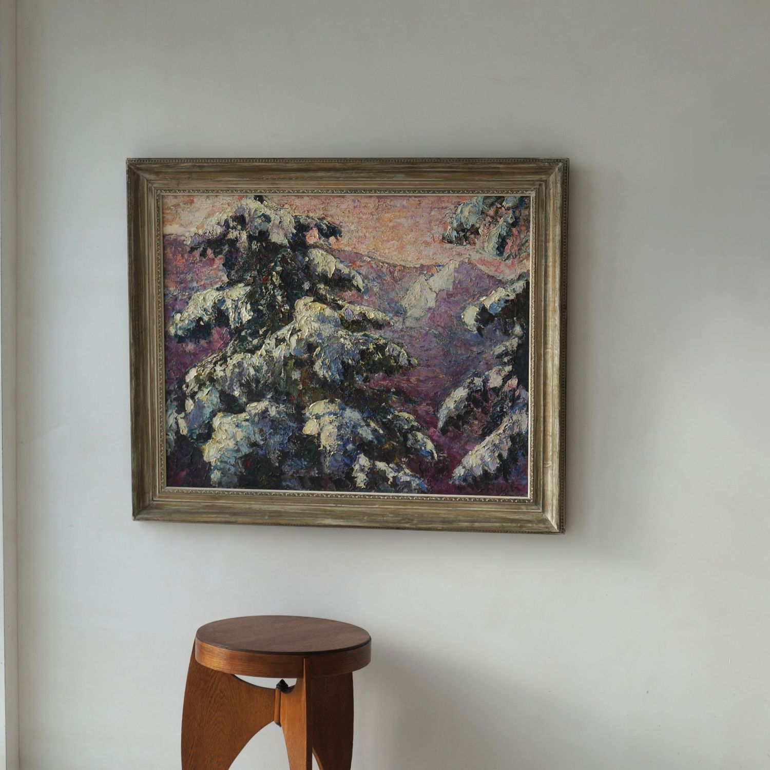 Large luminist framed painting of mountains in snow, oil on cotton, J. Doeser