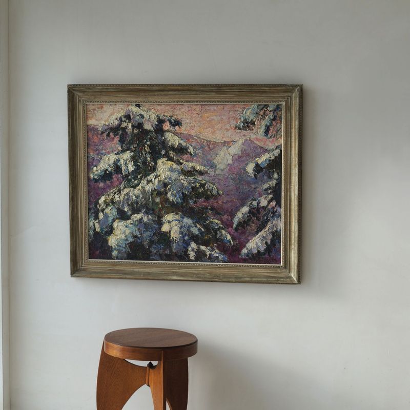 Large luminist framed painting of mountains in snow, oil on cotton, J. Doeser