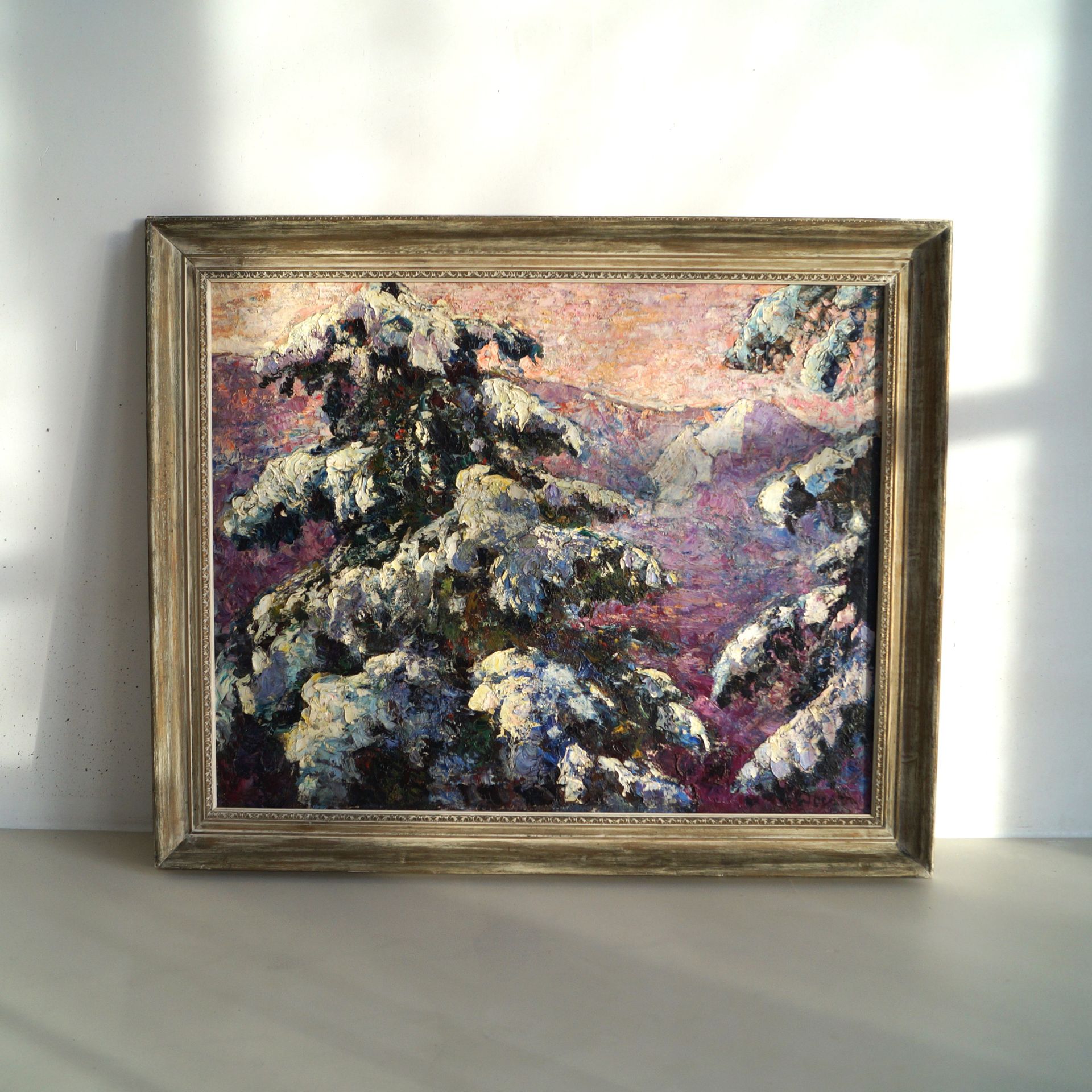 Large luminist framed painting of mountains in snow, oil on cotton, J. Doeser