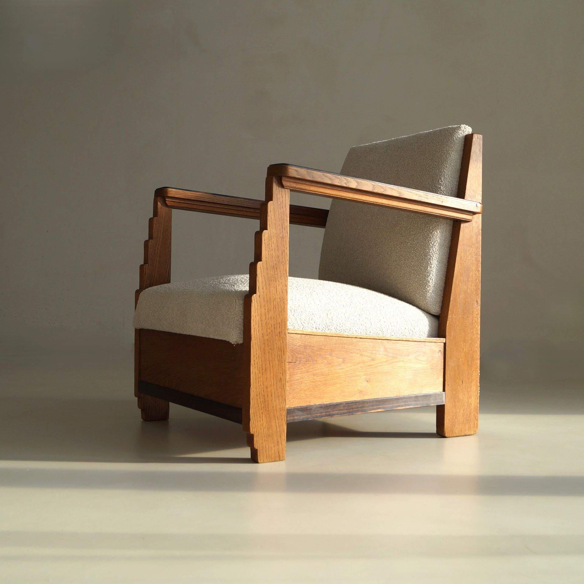 ON HOLD: Dutch Art Deco Amsterdam School oak armchair with stepped details, 1920s