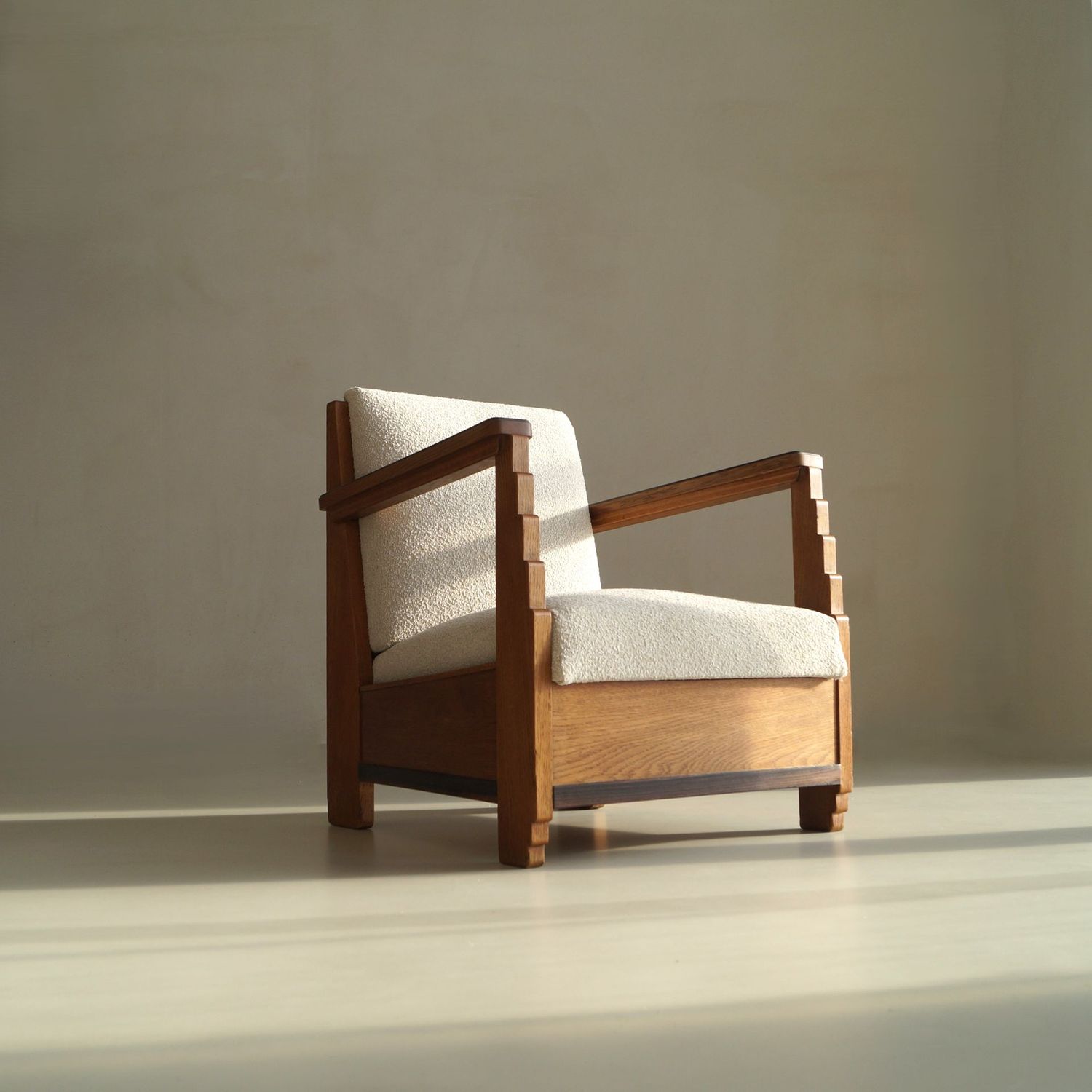 ON HOLD: Dutch Art Deco Amsterdam School oak armchair with stepped details, 1920s