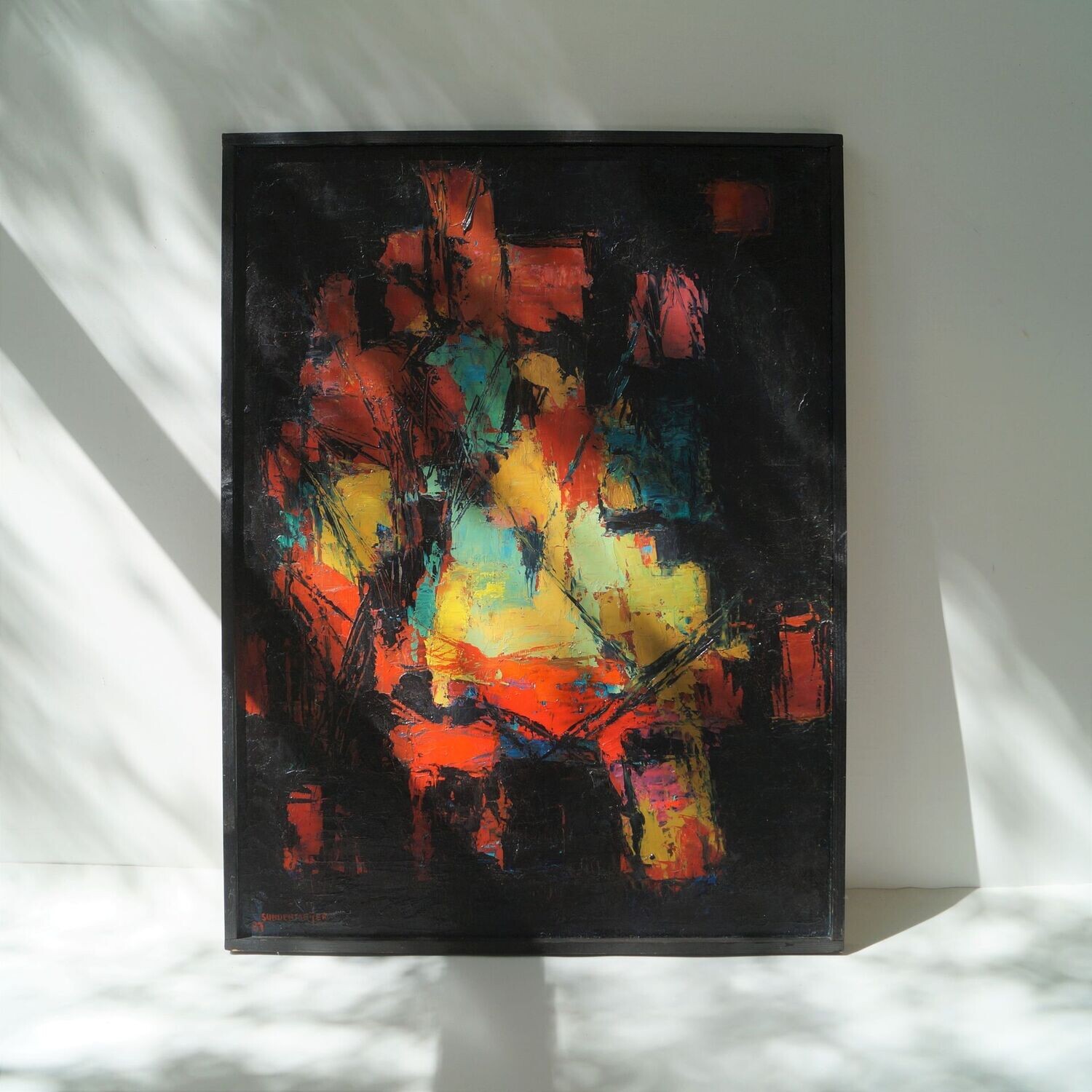 On hold: Dutch abstract painting on wooden panel  by  G. Sundermeijer, 1987