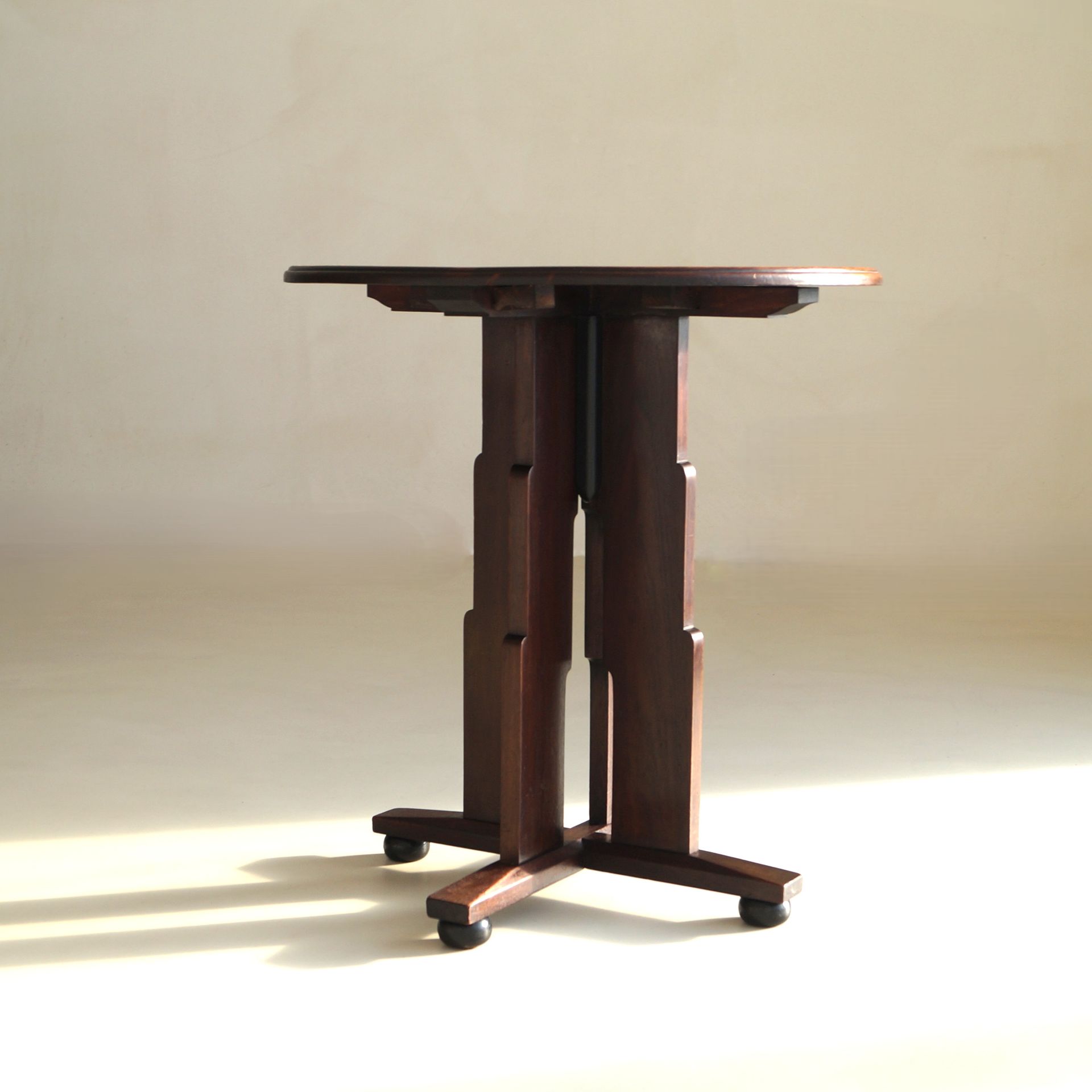Dutch Art Deco Amsterdam School Side Table, with stepped design and ball feet, ca. 1920s