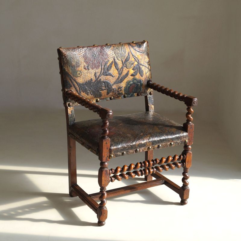 Late 17th Century Flemish Walnut Armchair with later Gilt Cordoba Leather