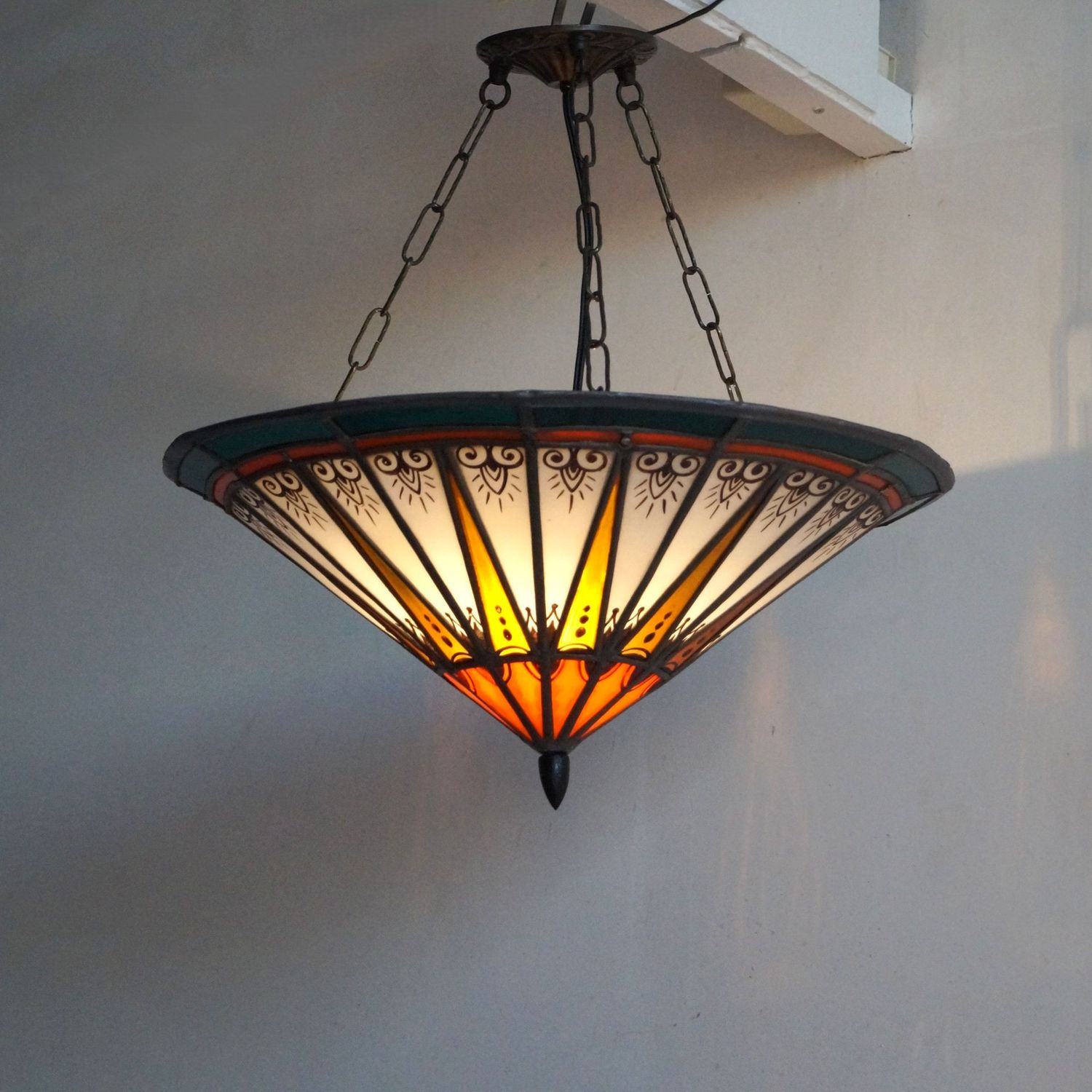 Dutch Art Deco Amsterdam School Stained Glass Pendant Lamp, 1920s