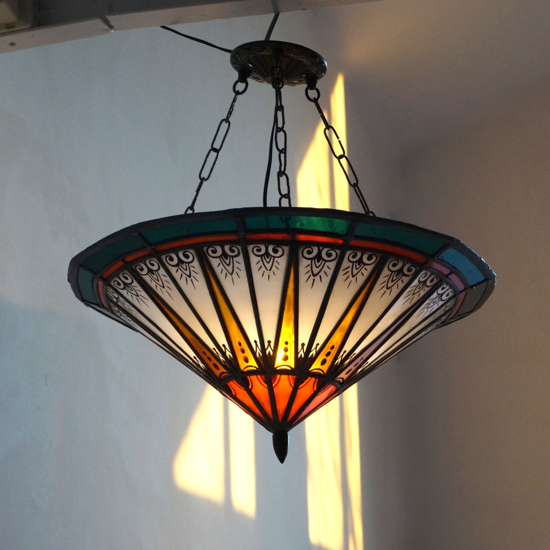 Dutch Art Deco Amsterdam School Stained Glass Pendant Lamp, 1920s