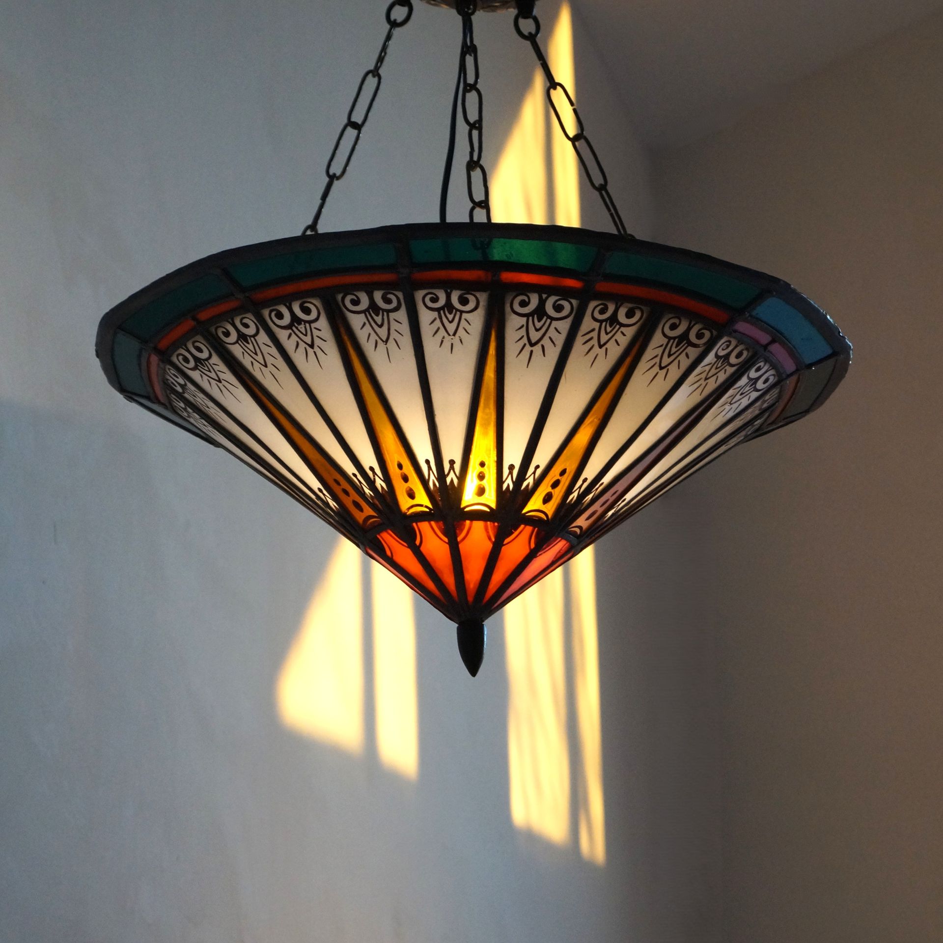 Dutch Art Deco Amsterdam School Stained Glass Pendant Lamp, 1920s