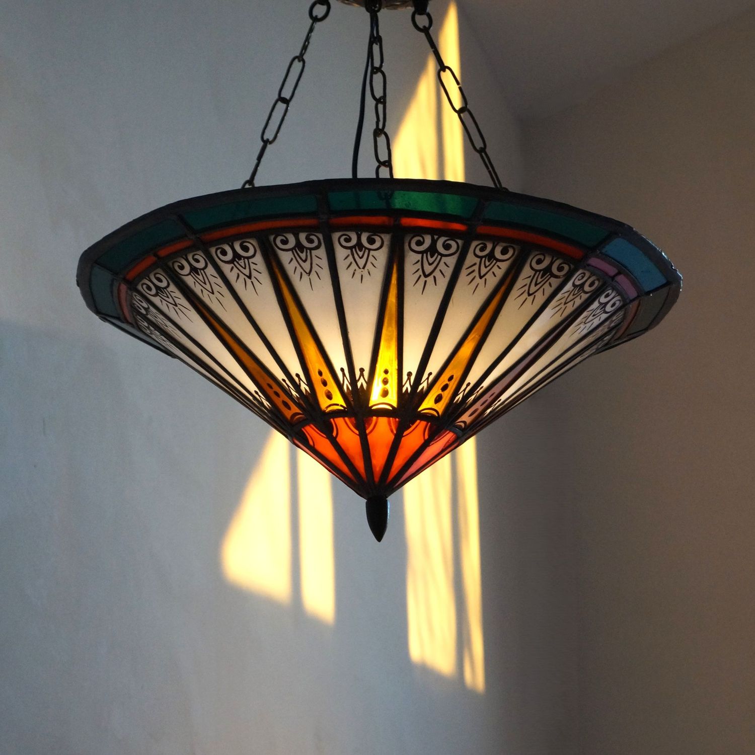 Dutch Art Deco Amsterdam School Stained Glass Pendant Lamp, 1920s