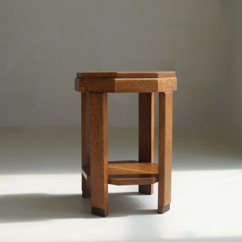 Dutch Art Deco solid oak accent table with octagonal tiers, 1920s
