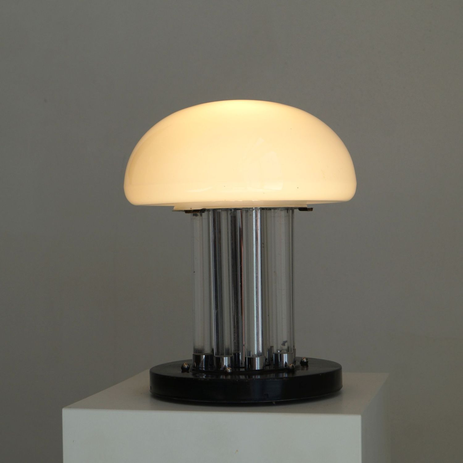 Modernist Bauhaus table lamp with opaline shade and glass rods, 1940s - 50s