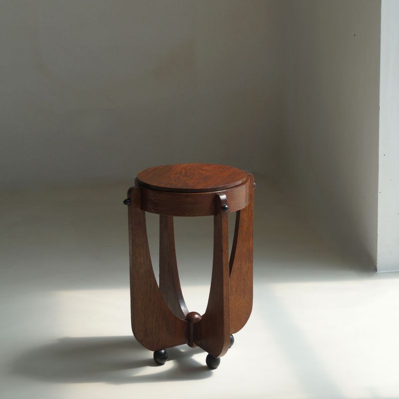 Amsterdam School Accent Table in Oak with Black Ball Accents, Netherlands, 1920s