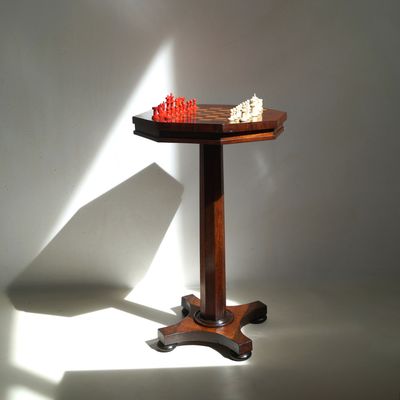 A rare antique octagonal chess table and set, 1870s A rare antique octagonal chess table and set, 1870s