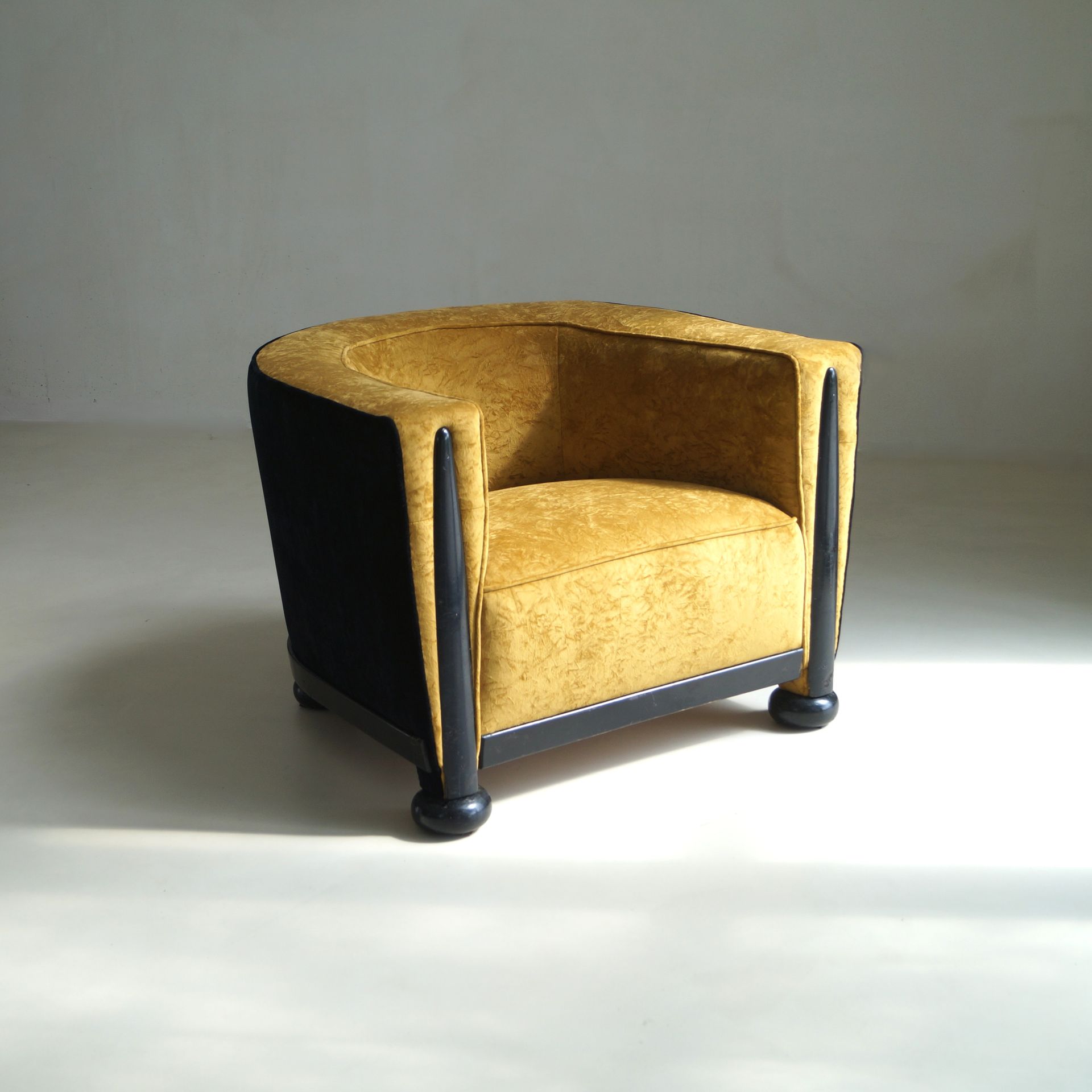 French Art Deco Club Chair, Golden Mustard & Black Velvet, c. 1925