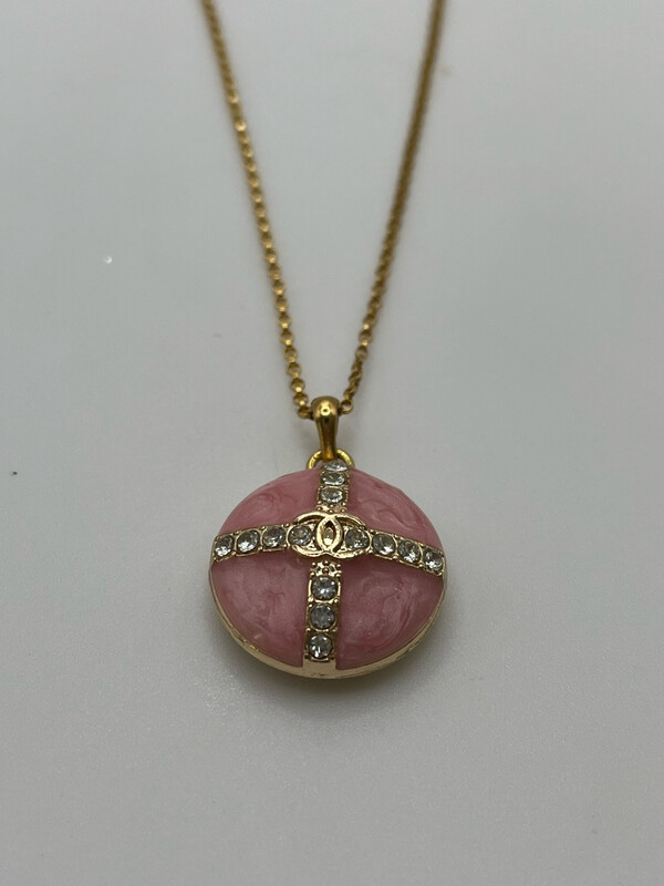 Designer’d Pink CC Button Pendant Necklace