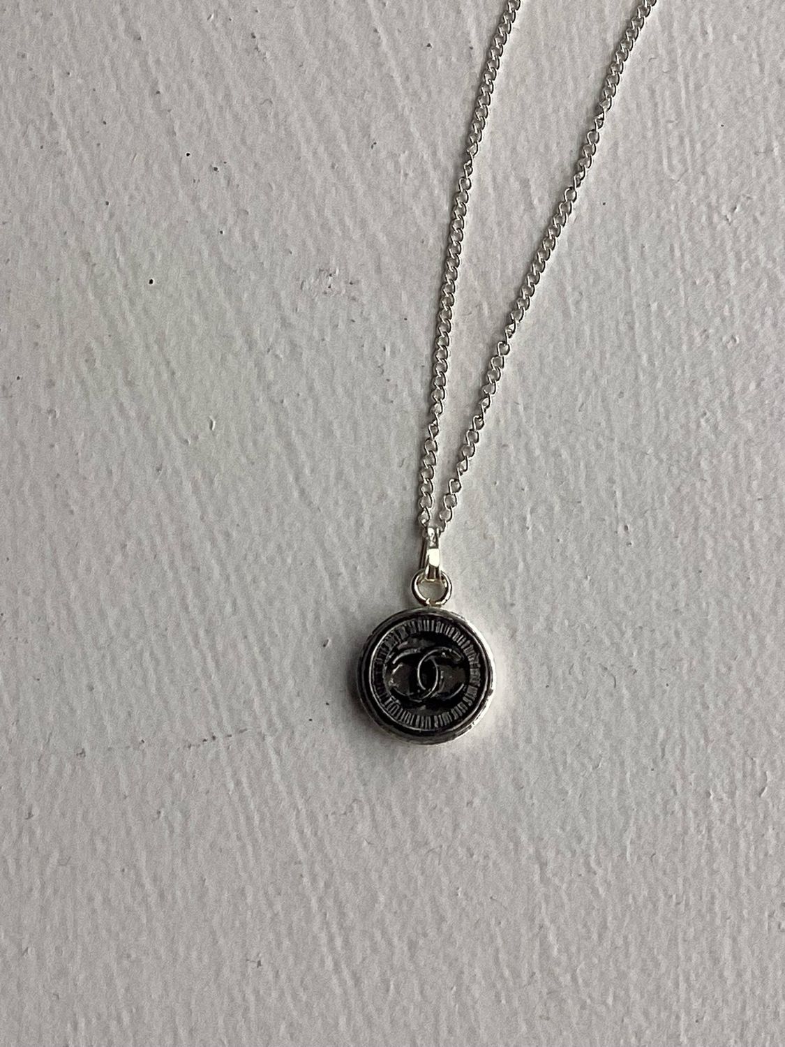 Designer’d CC Pewter Button Silver Pendant Necklace