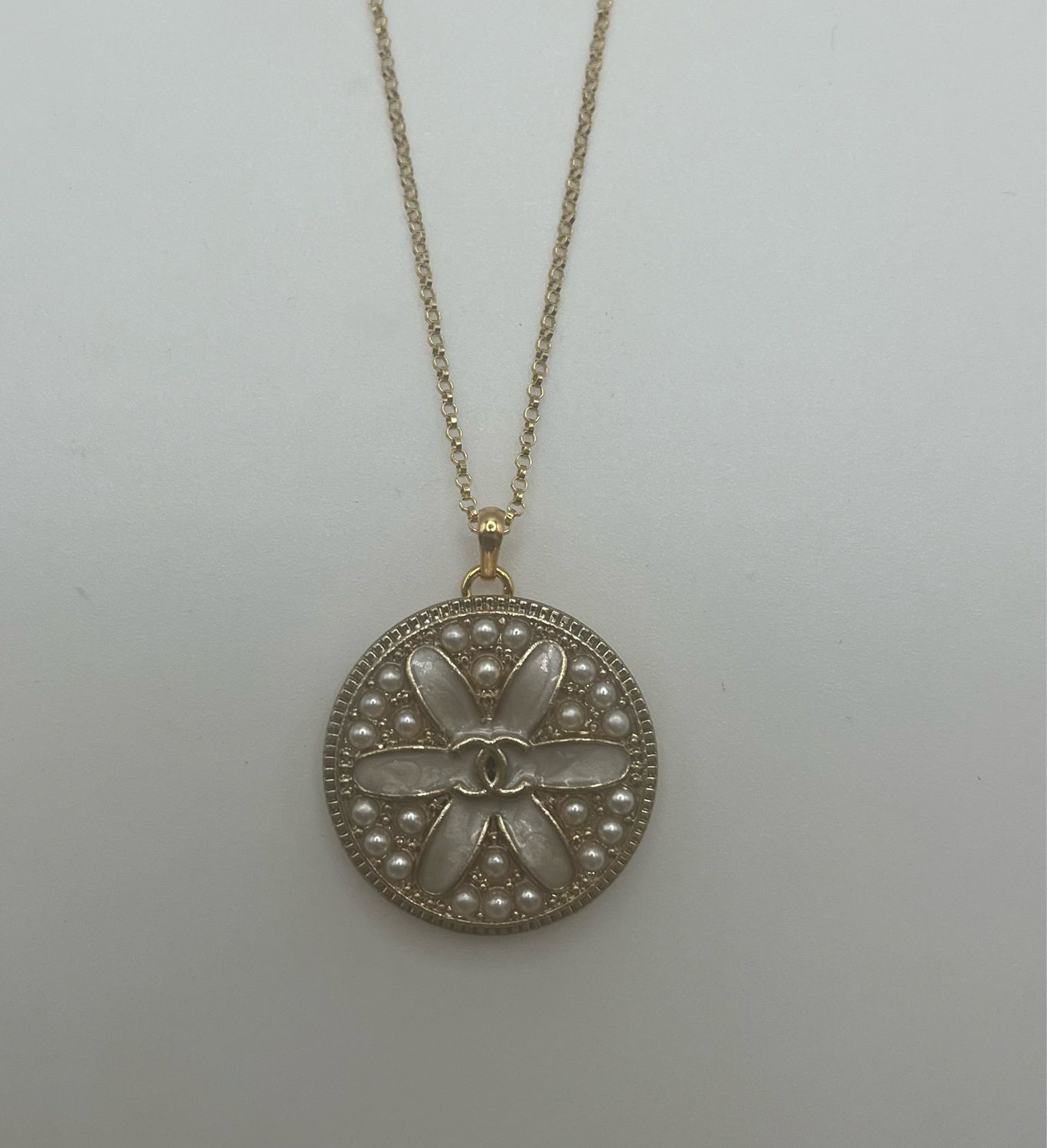 Designer’d Pearl Flower CC Button Pendant Necklace