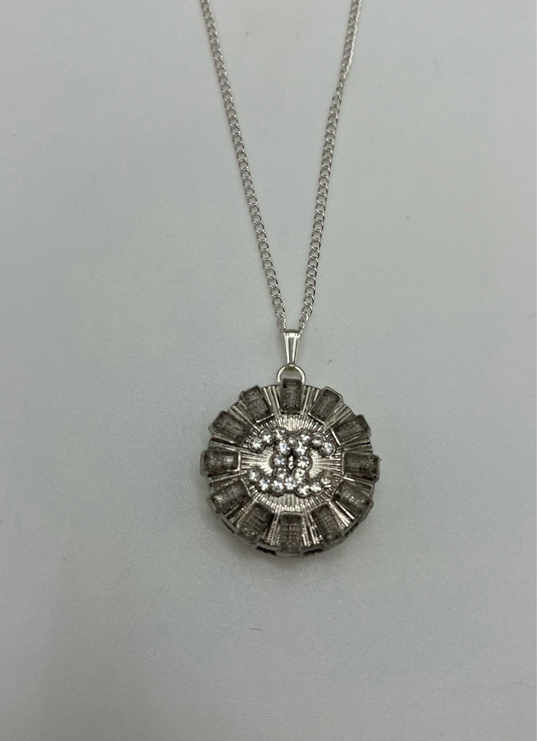 Designer’d CC Silver Glass Diamante Button Pendant