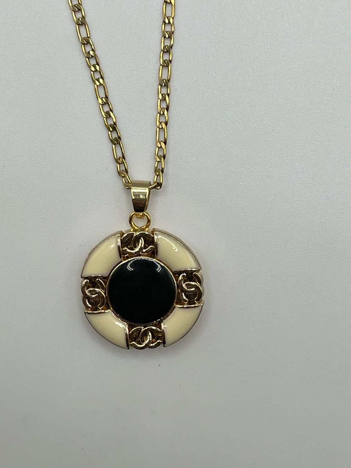 Designer’d Cream, Black & Gold CC Button Pendant Necklace