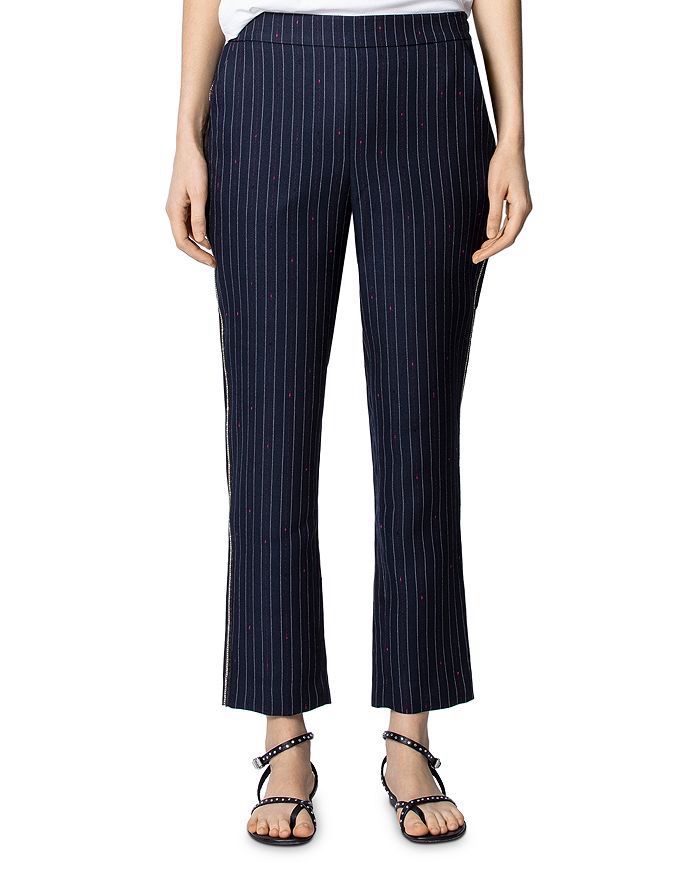 Zadig & Voltaire Porta Navy Pinstripe Crop Trousers with Rhinestone Trim 36