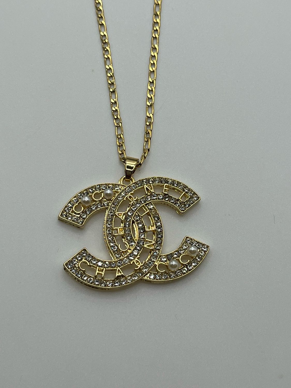 Designer’d Large CC Diamante Pearl Pendant Necklace