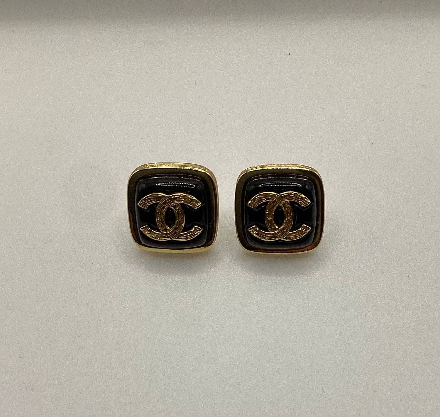 Designer’d Black Square CC Button Earrings