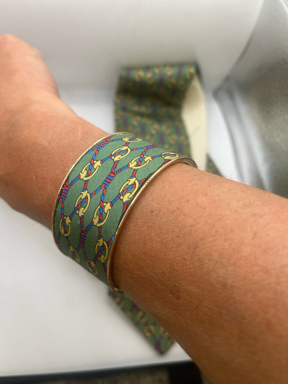 Designer’d Green Hermés Silk Cuff Bracelet