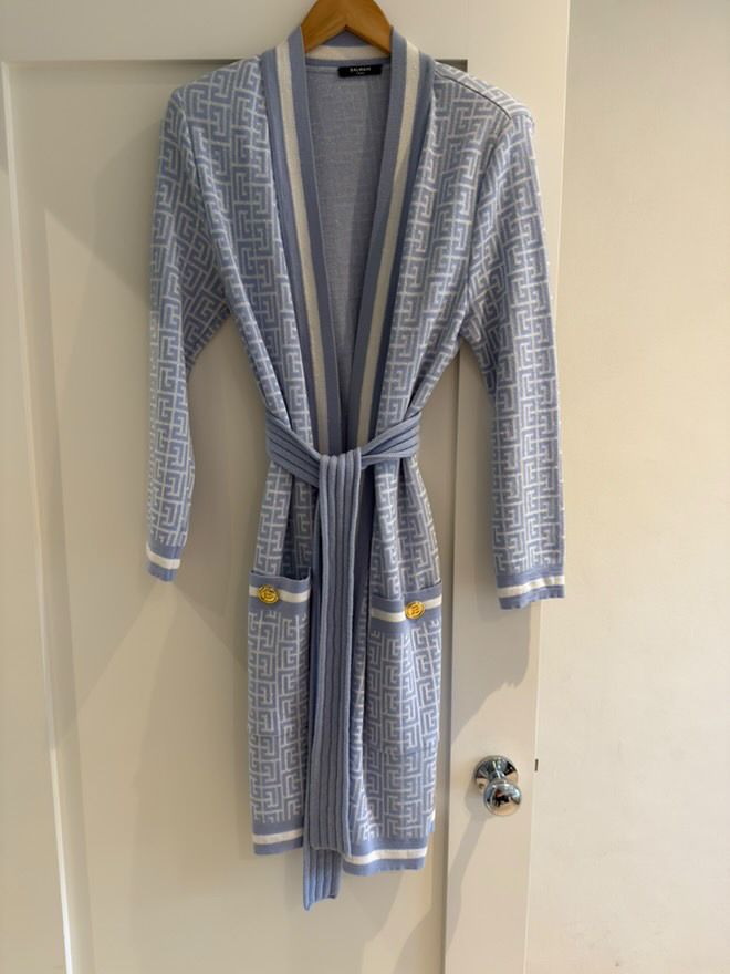 Balmain Baby Blue Monogram Long Belted Jacquard Wool Cardigan