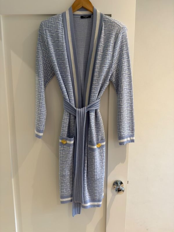 Balmain Baby Blue Monogram Long Belted Jacquard Wool Cardigan