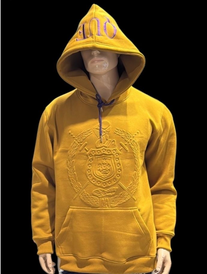 Que Embossed Shield Swehatshirt:                                          Runs small please order ONE size up.  Old Gold