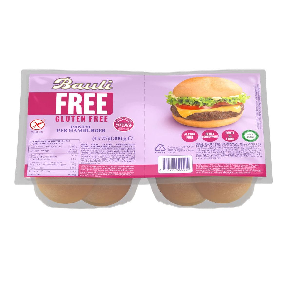 "BAULI" HAMBURGERBRØD STK: 4 X 75GR - GLUTENFRI