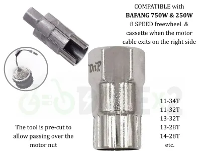 DATE FWx8RT-BAFANG freewheel remover tool for BAFANG 750W or 250W motors, when the motor cable exits right side