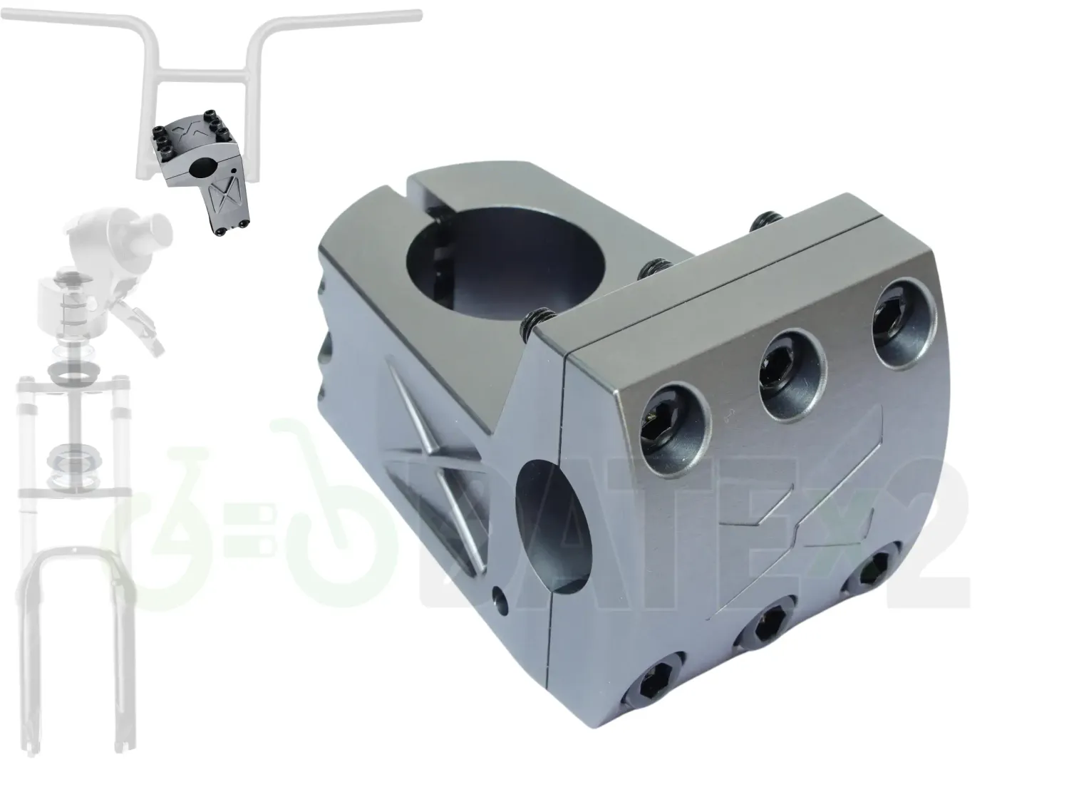 DATE X-TEMSx1-LOADER-STEALTH-GREY BMX loader clamp, 𝐗-𝐓𝐄𝐌𝐒𝐱𝟏 for BMX loader clamp: 𝐒𝐓𝐄𝐀𝐋𝐓𝐇-𝐆𝐑𝐄𝐘, 𝐇𝐞𝐚𝐝𝐬𝐞𝐭: Not Included, 𝐁𝐌𝐱𝟏 Handlebar: Not Included, Foldable BMX stem: Not included, Air Fork: Not Included