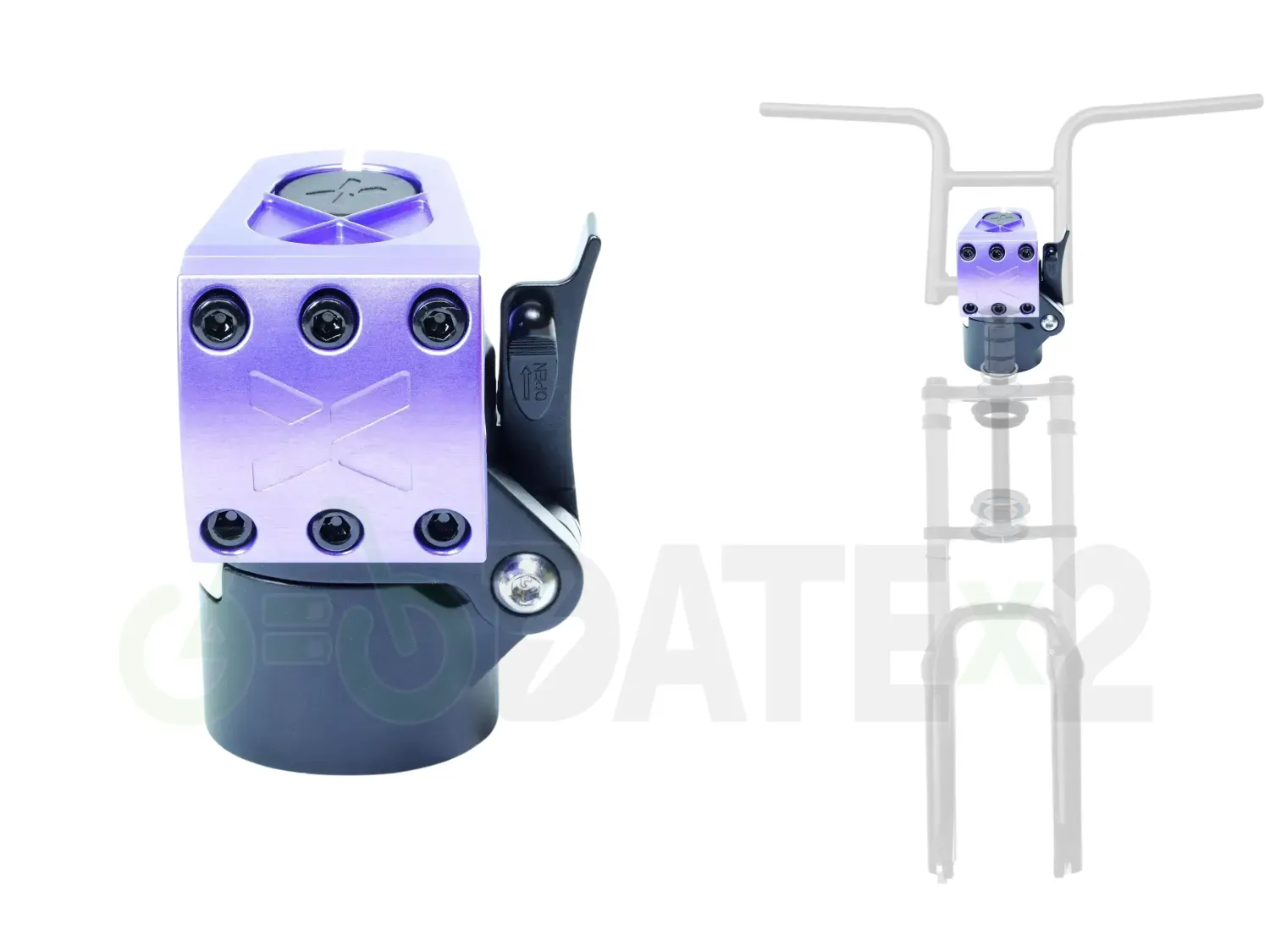 DATE X-TEMSx1-FOLDx1-PHANTOM-PURPLE BMX foldable stem and loader, 𝐗-𝐓𝐄𝐌𝐒𝐱𝟏 for BMX loader clamp: 𝐏𝐇𝐀𝐍𝐓𝐎𝐌-𝐏𝐔𝐑𝐏𝐋𝐄