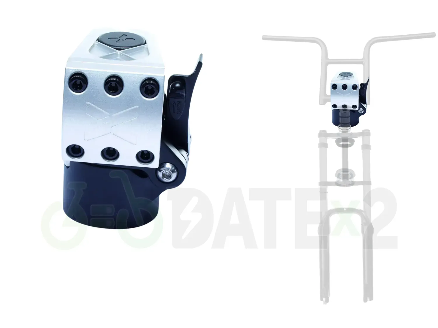 DATE X-TEMSx1-FOLDx1-SILVER-SURFER BMX foldable stem and loader, 𝐗-𝐓𝐄𝐌𝐒𝐱𝟏 for BMX loader clamp: 𝐒𝐈𝐋𝐕𝐄𝐑-𝐒𝐔𝐑𝐅𝐄𝐑