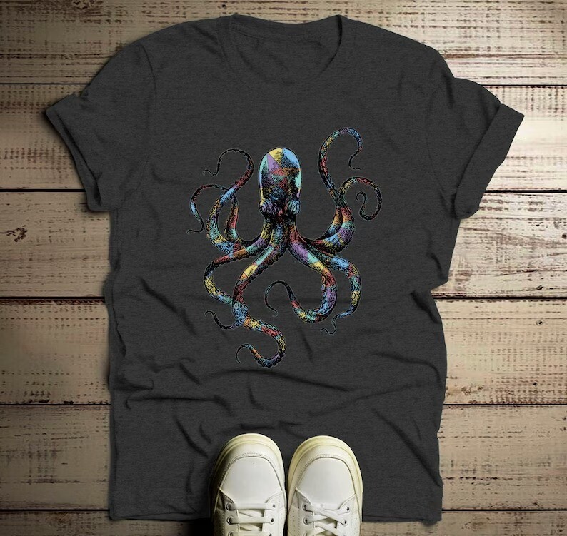 Men's Octopus T Shirt Hand Drawn Vintage Hipster Shirts Octopus Geometric Graphic Tee