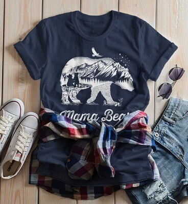 Women's Mama Bear T Shirt Mom T Shirts Hipster Double Exposure Camping Shirts