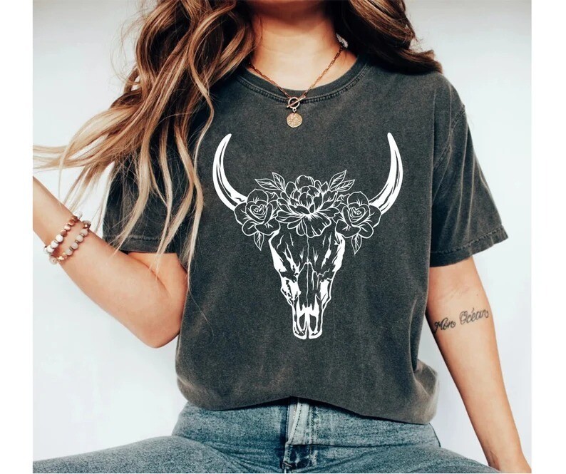 Boho Cow Skull Roses Shirt, Western Boho Shirt, Inspirational Shirt