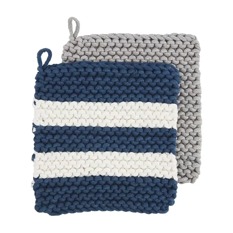 Pot Holder Set Navy Stripe Crochet