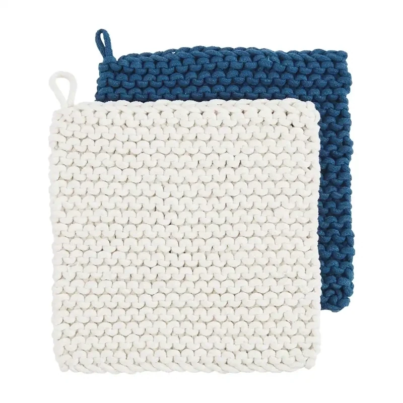 Pot Holder Set White Blue Crochet