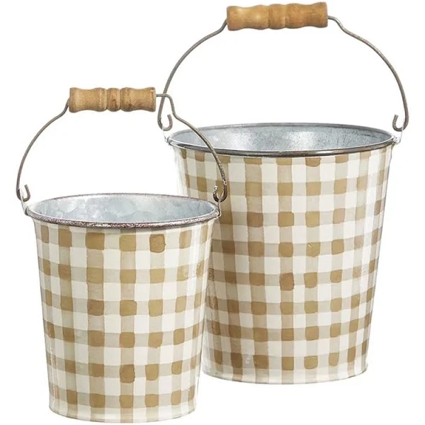 Bucket Plaid Wooden Handle Sm