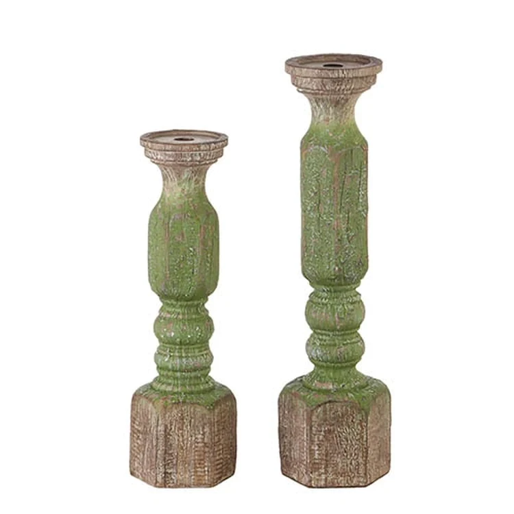 Candle Holder Green Wood Embossed Lg