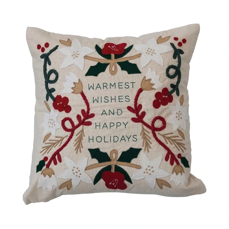 Xmas Pillow Square Embroidery Warmest Wishes