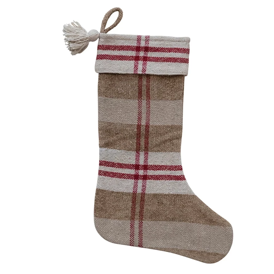 Xmas Stocking Chenille & Cotton Red Cream & Tan Plaid